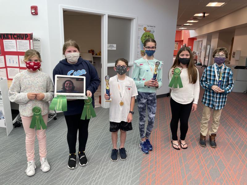 Rehoboth Elementary students recognized in the consumer products category are (l-r) Brooklyn Montgomery and Nina Schrader, honorable mentions; McKinley Messick, remote, honorable mention; Nicholas Petito, second place; Nadia Ahmed, first place; Alexis Zolper, honorable mention; and Beau Krick, third place. SUBMITTED PHOTOS